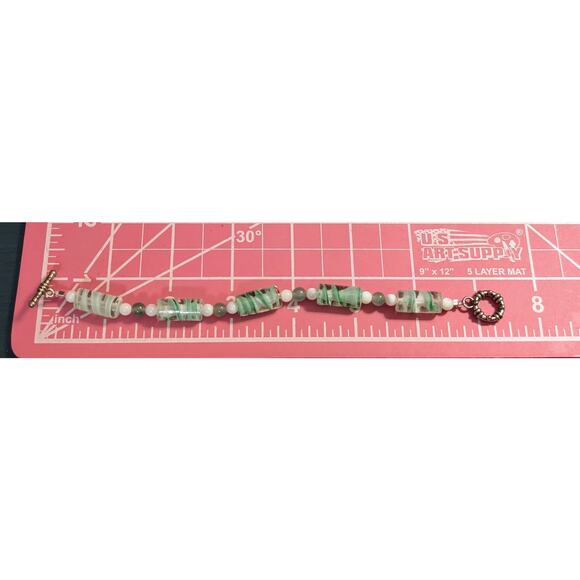Glass Mint Green Lampwork Elongated Cylinder & Stone & Milk Glass Bead Bracelet - Picture 6 of 6